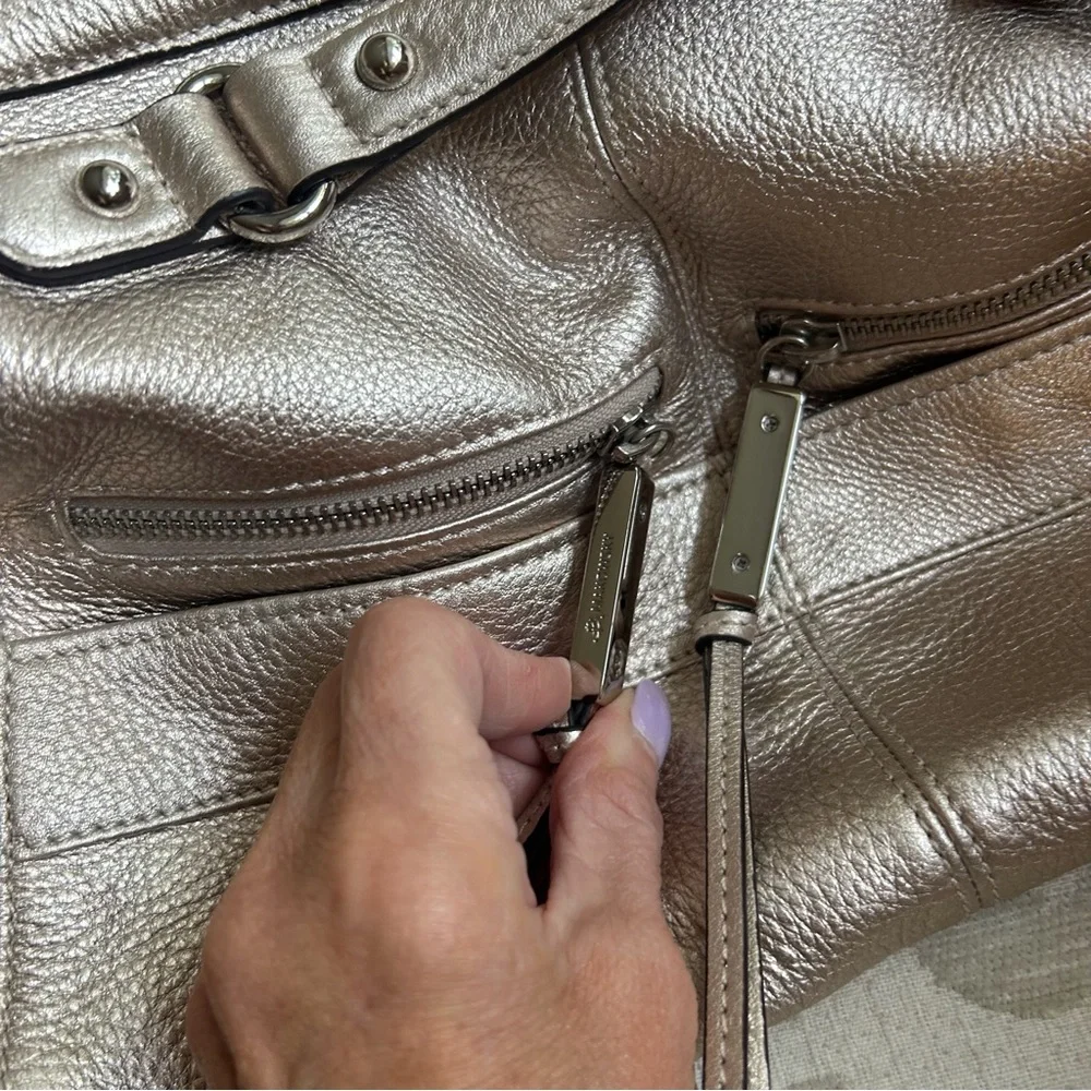 B.Makowsky Champagne Metallic Satchel Leather Crossbody Bag